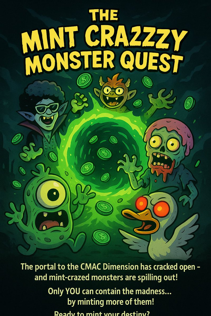 CrazzzyMonsters's tweet image. 🚨 NEW QUEST ALERT! 🚨

The portal just exploded and now crazy mint monsters are everywhere. 💥

Your only hope? MINT MORE CMACs before they eat your socks. 👾💎 mint.crazzzymonsters.com

👉 Join “The Mint Crazzzy Monster Quest” now!

#CMAC #NFT #Web3 #Quests