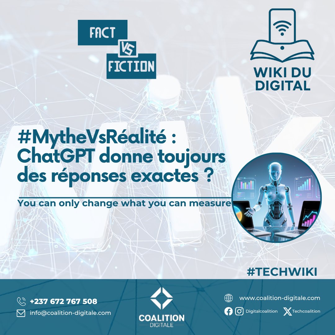 TechCoalition's tweet image. 🔍 #FactVsFiction

Mythe ou Réalité : Peut-on vraiment faire confiance à ChatGPT à 100% ? 💭 
Teste tes connaissances avec notre #WikiDuDigital 👇 
#ChatGPT #IAGenerative #DigitalCoalition #CoalitionDigitale