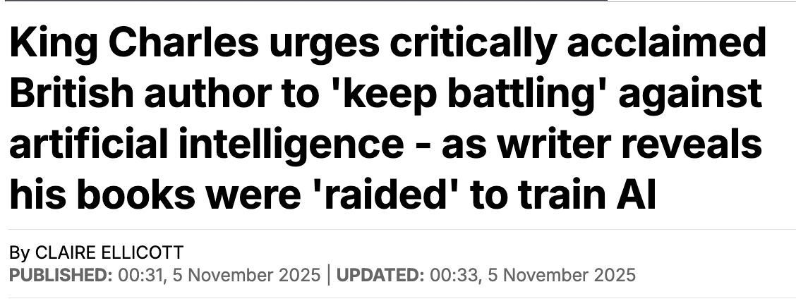 King Charles is urging authors to "keep battling" the threat to creatives posed by AI.

dailymail.co.uk/news/article-1…