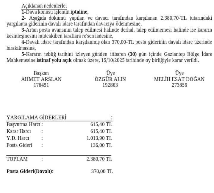 HUKUKİ KAZANIM-2!!
Aile Sosyal Hizmetler il müdürlüğünün yönetmeliğe aykırı bir şekilde görev yeri değişikliği hukuka aykırı bulunarak üyemiz lehine sonuçlandı. İdarenin hukuksuz kararı İdare mahkemesi tarafından red edildi. Keyfi ve Hukuksuz uygulamalardan vazgeçin!!