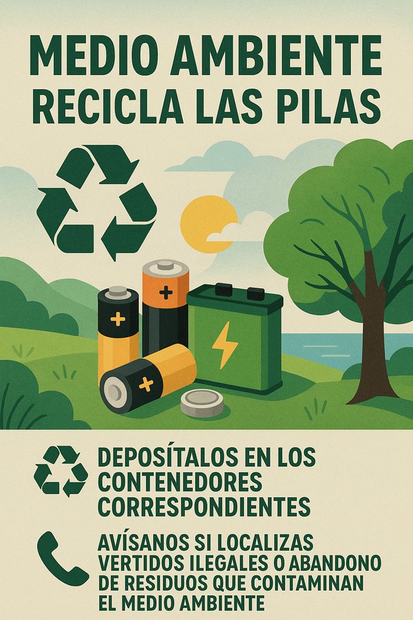 🔋 Las pilas, baterías y acumuladores son productos peligrosos que necesitan especial tratamiento y reciclaje.

♻️ Deposítalos en los contenedores correspondientes.

☎️ Avísanos si localizas vertidos ilegales o abandono de residuos que contaminan el medio ambiente.