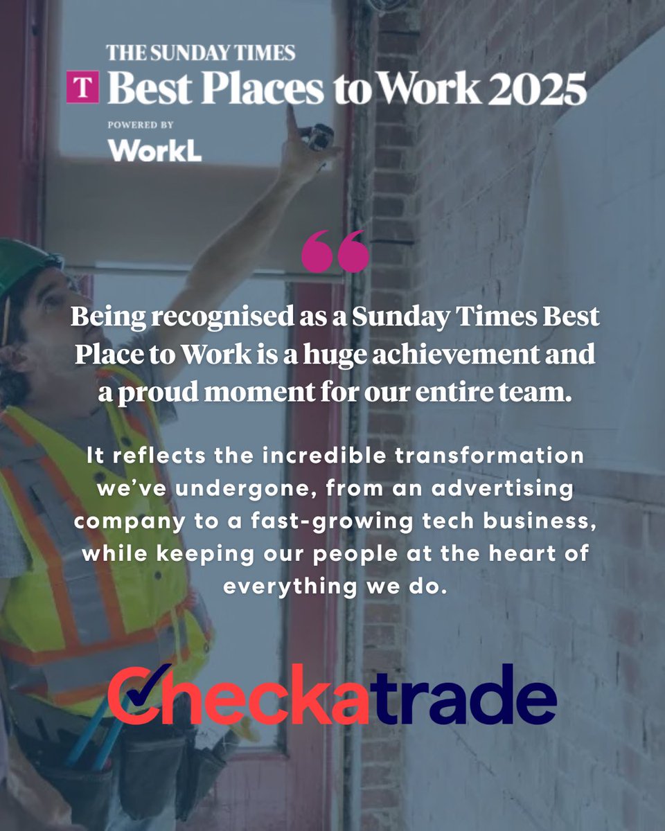 Driving transformation through culture and innovation: <a href="/Checkatrade/">Checkatrade</a> celebrates being named one of the Sunday Times Best Places to Work 2025! 💙

Don’t miss out, entries close Tuesday 31st March 2026:
workl.com/business/workp… 

#BestPlacesToWork #SundayTimes #Checkatrade
