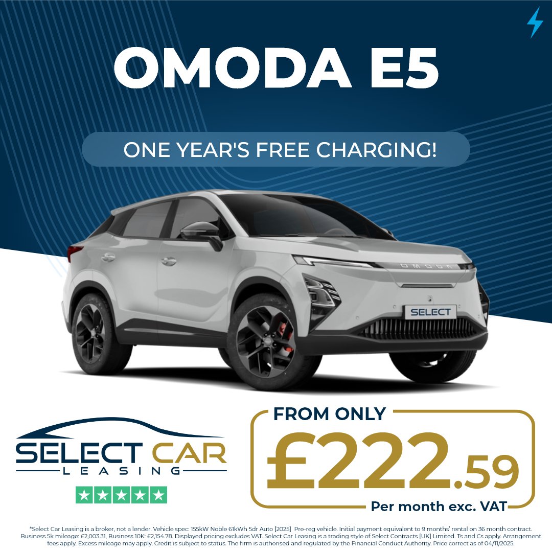 SelectCLBurySE's tweet image. Omoda’s fully-electric E5 comes generously equipped as standard, with eye-catching design and a premium interior from £222.59 a month*
Click the link to find out more → eu1.hubs.ly/H0pnYzz0
*Price correct as of posting