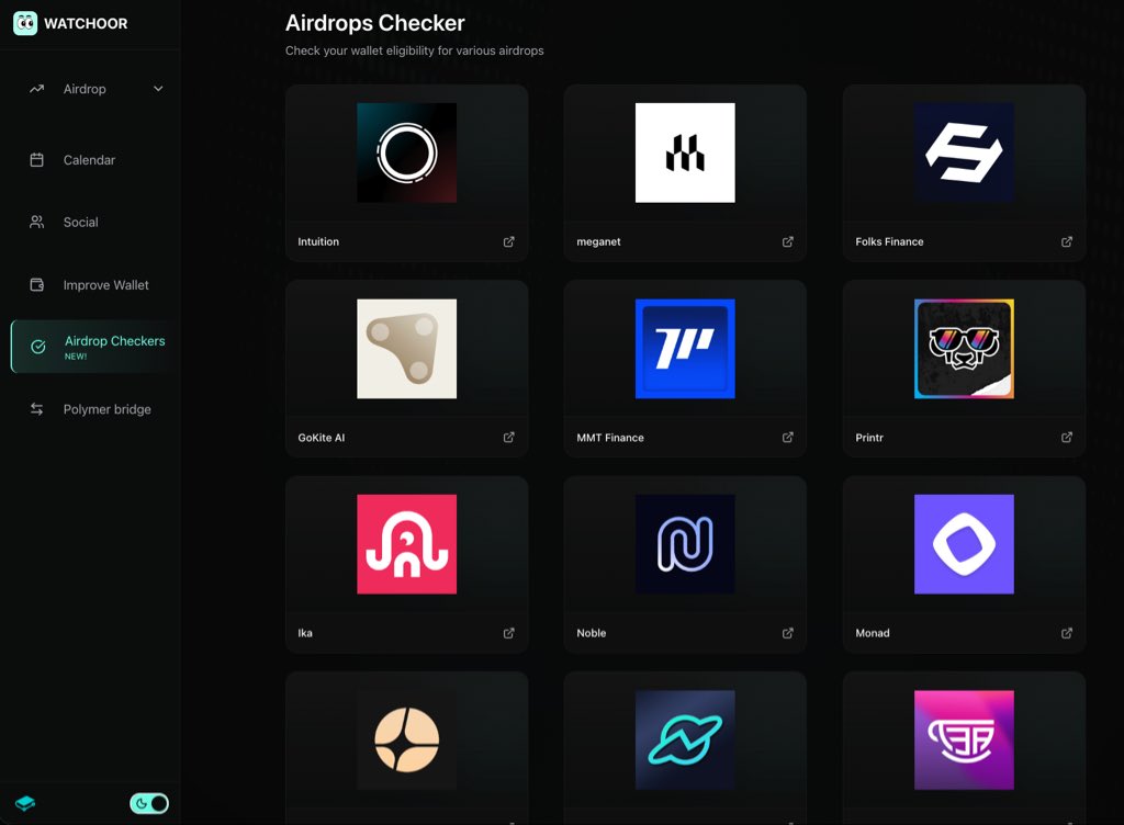 AIRDROP CHECKER 🪂

📌 Find +30 airdrops checker: watchoor.xyz/checker

🔗 Intuition: airdrop.intuition.systems
🔗 Meganet: claim.meganet.app
🔗 Folks: claim.meganet.app
🔗Gokite: kite.foundation/claim
🔗 MMT Finance: airdrop.mmt.finance