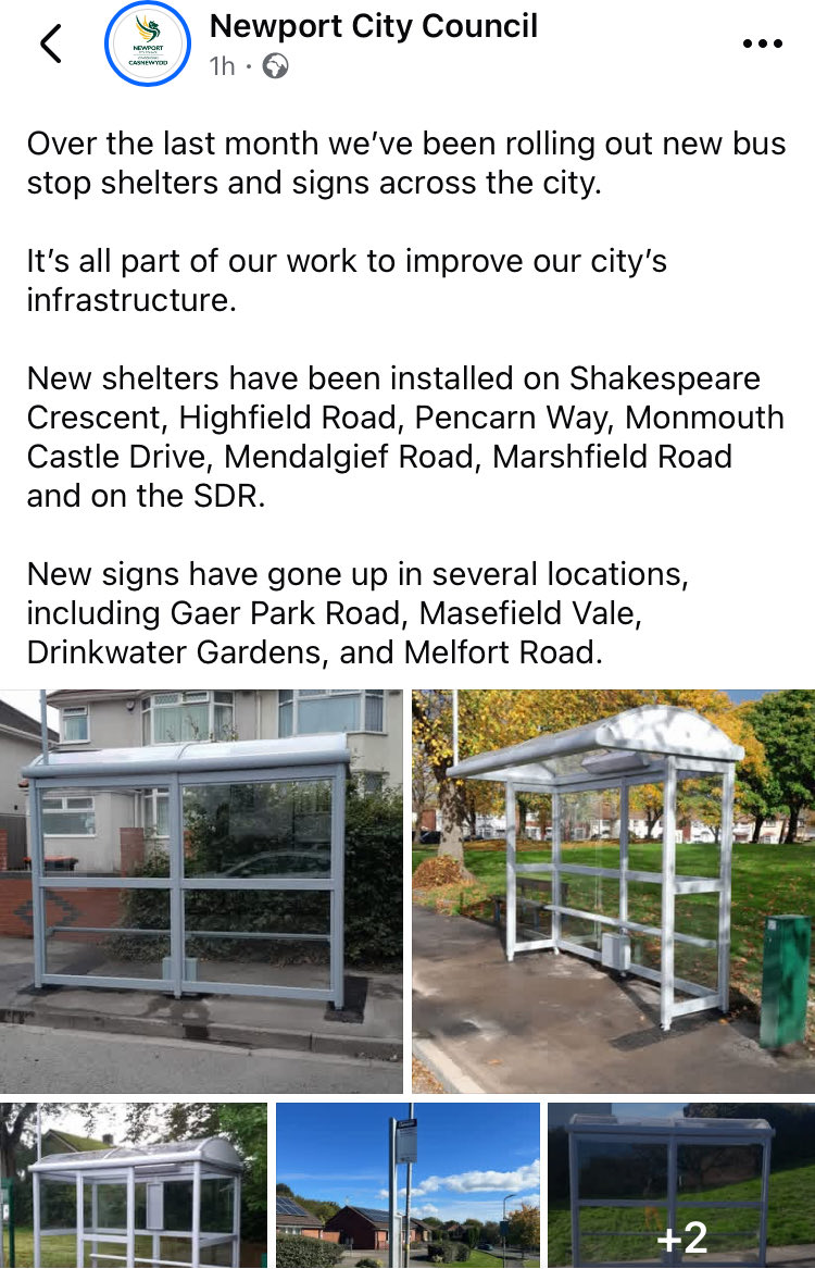 🚌 No more waiting in the rain ☔️
Officers worked hard to secure funding &amp; roll out this significant programme of new bus shelters, and as Cabinet Member for Infrastructure I’m thrilled to see them going up around the city. Also great to see new bus stop signs up <a href="/NewportCouncil/">Newport City Council</a>