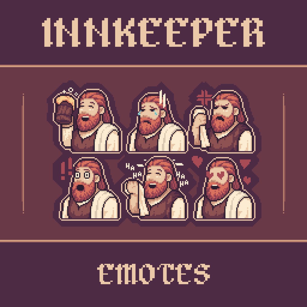 Made some little innkeeper guy emotes ^^
🔗 ↓ 
#pixelart #ドット絵 #kofi