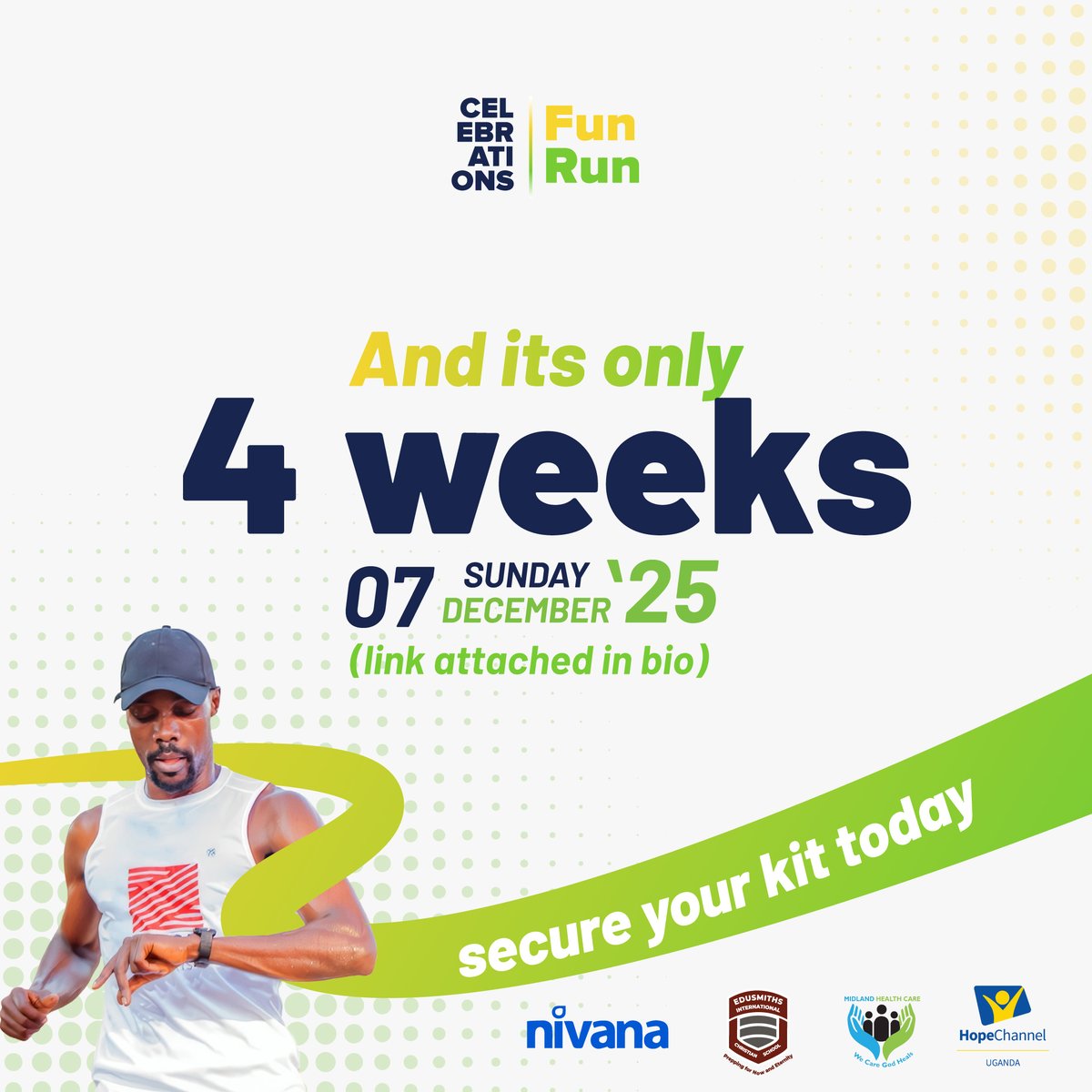 FunrunUg's tweet image. Only 4 weeks to go! Are your shoes ready?
Register now and secure your kit.

#celebrations #funrun #run4wellness