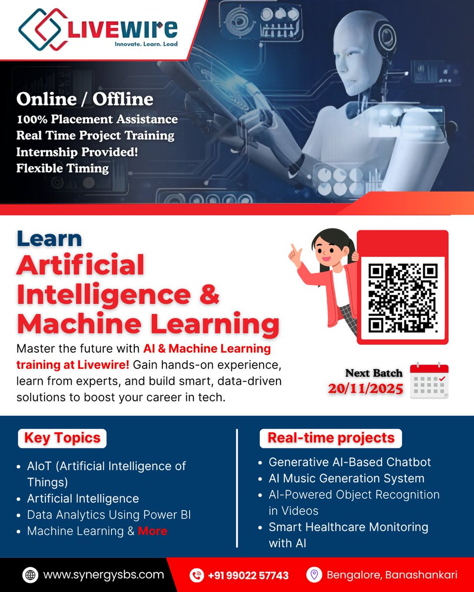 BskLivewire's tweet image. 🤖 Start your journey into AI &amp;amp; Machine Learning!
Hands-on training, real-world data projects &amp;amp; industry tools.
Livewire India – Banashankari (CADD Centre) 🚀
Call: +91 99022 57743
#AI #MachineLearning #MLTraining #LivewireIndia #CADDcentre #TechCareers
