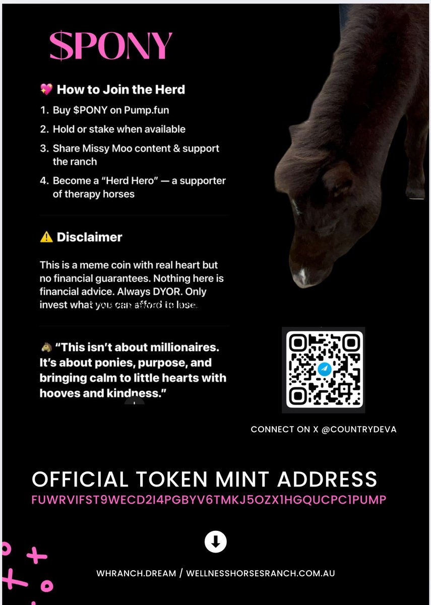 CountryDeva's tweet photo. I didn’t create $PONY to chase hype. I’m building a Web3-funded equine therapy ranch helping kids with AdHd, autism, anxiety & trauma.

🐴 Real pony. Real purpose. Real people.

Built slow. Built honestly. Built to last longer than a hype cycle.

📎 Litepaper attached — would love thoughts, questions or support from the community.

#CryptoForGood #Web3 #MentalHealth #Solana #PONY