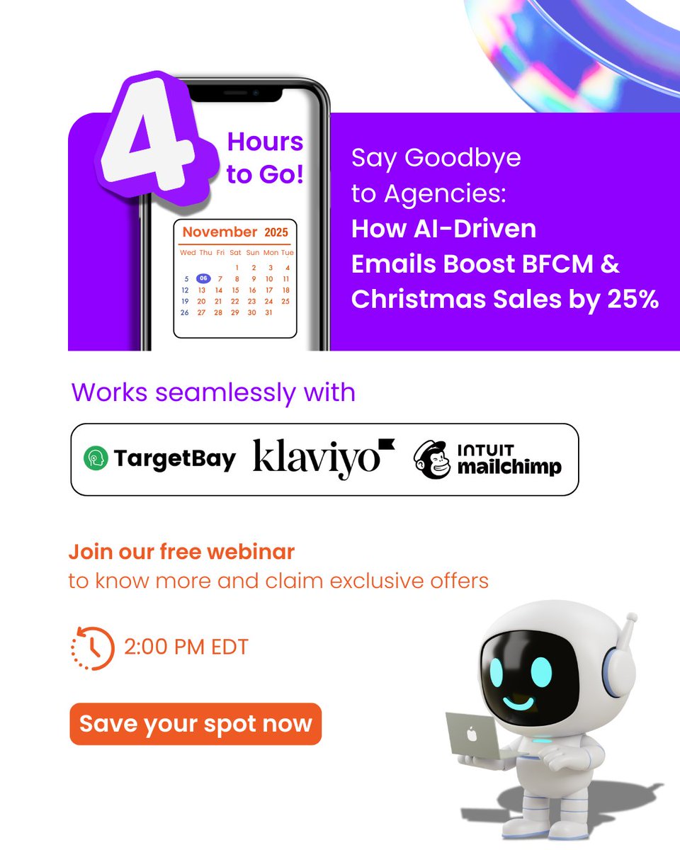 TargetBay's tweet photo. Happening Today at 2PM EDT! Join (Only 4 slots left) - https://t.co/TMJLW7VLhz 

Your agency can’t move this fast! 4 slots left to meet your AI Agent for Black Friday. 

Join the webinar for exclusive offers:

1. 2 AI campaigns FREE 
2. 25% extra email send volume 
3. Special BFCM plans starting at $75/month