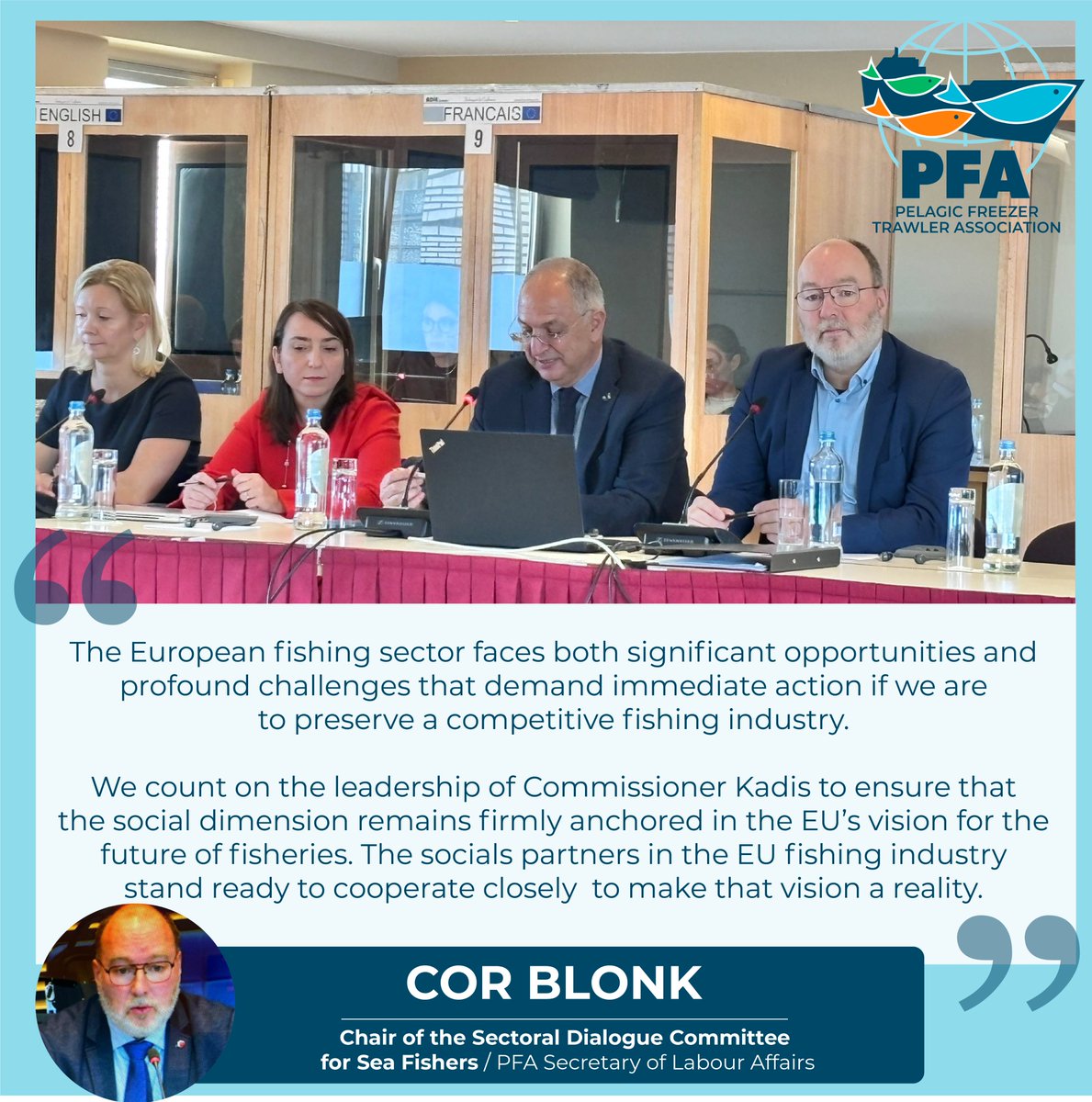 PFA_eu's tweet image. We value the constructive dialogue with the EU Commission to address not only environmental and economic challenges, but also those faced by our most valuable asset: our fishers.

Cor Blonk emphasised this in his opening statement of the Sectoral Social Dialogue Committee 👇