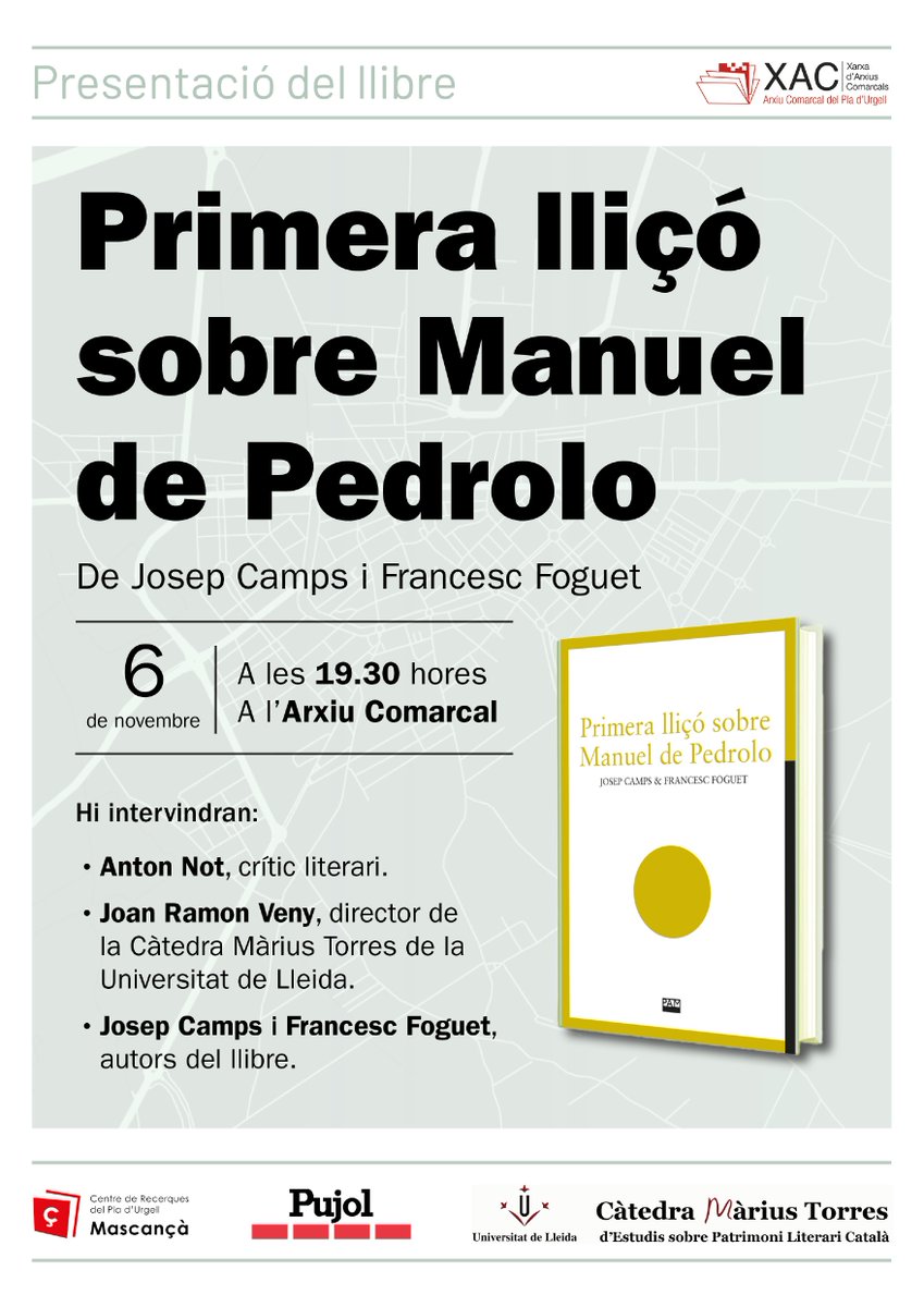 Amb motiu de la publicació de la Primera lliçó sobre Manuel de Pedrolo, la Càtedra Màrius Torres organitza aquesta presentació,

<a href="/Espai_Pedrolo/">Espai Pedrolo</a>
<a href="/7lletres/">7lletres</a>
<a href="/CConcabella/">Castell de Concabella</a>
<a href="/AnyPedrolo_2018/">AnyPedrolo_2018</a>
<a href="/amorenobedmar/">Anna Moreno-Bedmar</a>
<a href="/AnnaVillalonga/">Anna M Villalonga</a>