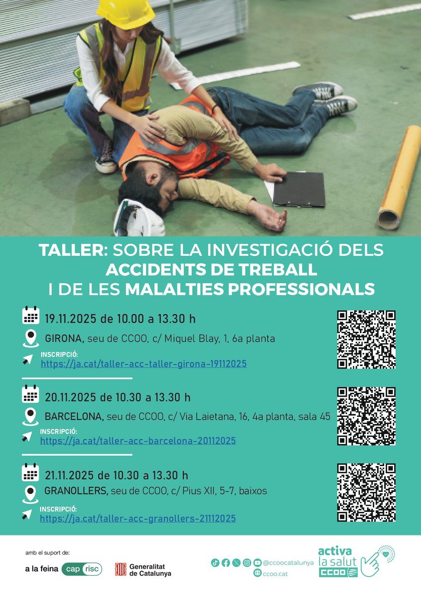 Tallers de <a href="/ccoo_fsc_cat/">fsc-ccoo ➕drets➕ democràcia➕sindicat</a> sobre la investigació d'accidents de treball i malalties professionals.

🔴20 de novembre (Barcelona): aforament complet.

Dates disponibles i inscripcions: 
➡️ Girona (19/11)  ja.cat/taller-acc-tal…
➡️ Granollers (21/11)  ja.cat/taller-acc-gra…