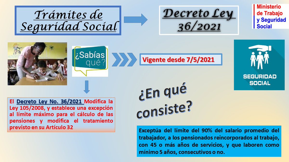 📢#MtssCuba esclarece‼️
El DL 36/2021 faculta a las administraciones a contratar pensionados por edad en el mismo cargo que ocupaban al momento de acceder a la jubilación, siempre que responda al interés de la entidad y previa consulta con el Consejo de Dirección. #MtssCuba