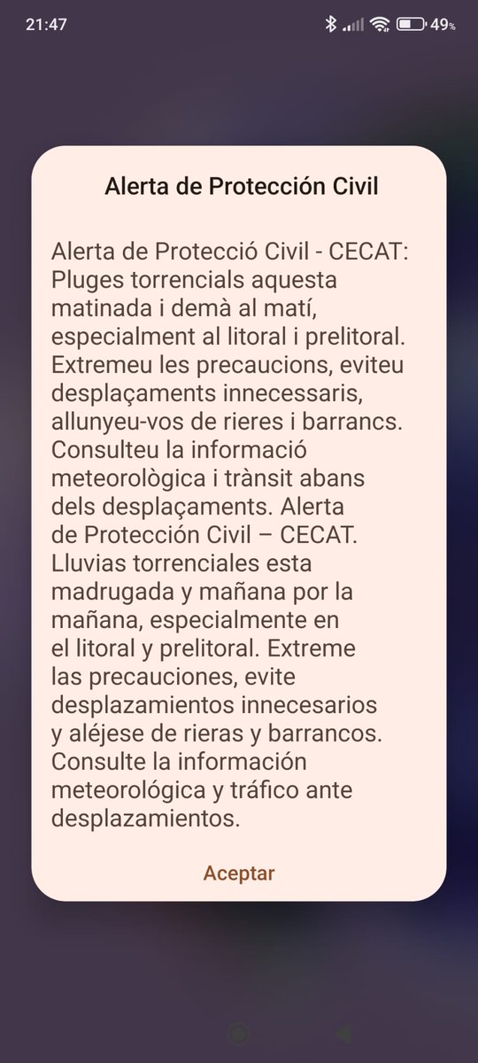 Soy la única que instintivamente le da a "aceptar" para que deje de pitar 😵‍💫 y entonces desaparece el mensaje sin poder leerlo ni recuperarlo? Creo que habría que darle una vuelta y que el mensaje permaneciera visible 🤔. Es una sugerencia 
<a href="/emergenciescat/">Protecció civil</a> <a href="/gencat/">Generalitat de Catalunya</a>