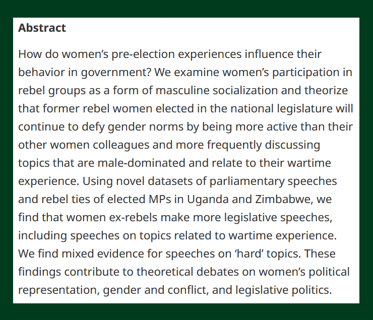 BJPolS's tweet photo. NEW -

Acting Out and Speaking Up: The Parliamentary Behavior of Ex-Rebel Women - https://t.co/vq7CDL4kzs

- @lizzie_brannon &amp; @FrantzeskakisN  

#OpenAccess https://t.co/ns3gSU5qhg