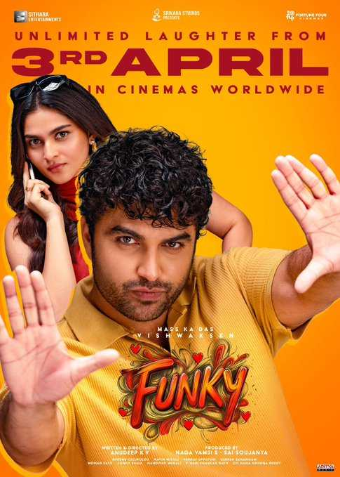 123telugu's tweet photo. Release Date Poster : #Funky (#VishwakSen, #KayaduLohar)
https://t.co/KsnQdTNtWy
#FunkyFromApril3rd @VishwakSenActor @11Lohar
@anudeepfilm @vamsi84 #SaiSoujanya #BheemsCeciroleo @NavinNooli @Venkatupputuri @SitharaEnts @Fortune4Cinemas
#SrikaraStudios #123telu https://t.co/wfHmeyvnfP