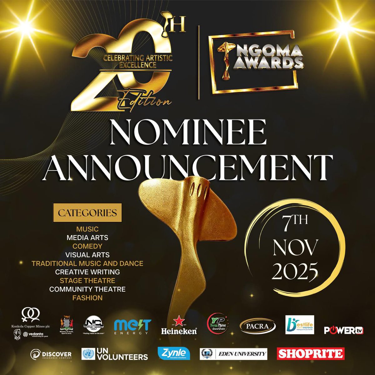 MichaelNguekam's tweet photo. 🎉Ngoma AWARDS 2025🎉
🥳NOMINEE ANNOUNCEMENT🥳
Don't miss this celebration of Zambian artistry. #NgomaVibes
#ngomaawards20thedition #yalilangoma #bestfashionmodel #bestactor #bestonlinepersonality #zambiaarts #cielaresort #glamourandartistry #ngoma20 #LusakaEvents #CountdownIsOn https://t.co/lVcoTBMNbu
