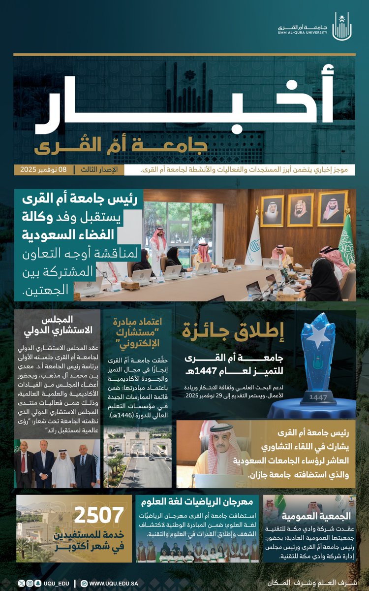 الإصدار الثالث من ⁧#أخبار_جامعة_أم_القرى⁩؛ وهو موجز إخباري يتضمن أبرز المستجدات والفعاليات والأنشطة الخاصة بالمجتمع الجامعي في ⁧#جامعة_أم_القرى⁩.