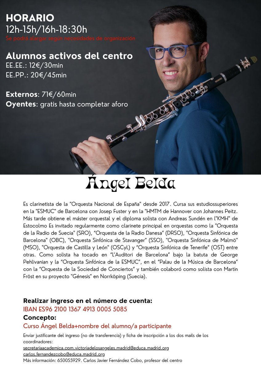El 14 de noviembre Ángel Belda, solista de clarinete de la Orquesta Nacional de España ofrecerá un día de clases magistrales al alumnado del centro. Todas los que quieran disfrutar de sus consejos y manera de trabajar el acceso es gratuito.
#clarinete #ángelbelda #masterclass