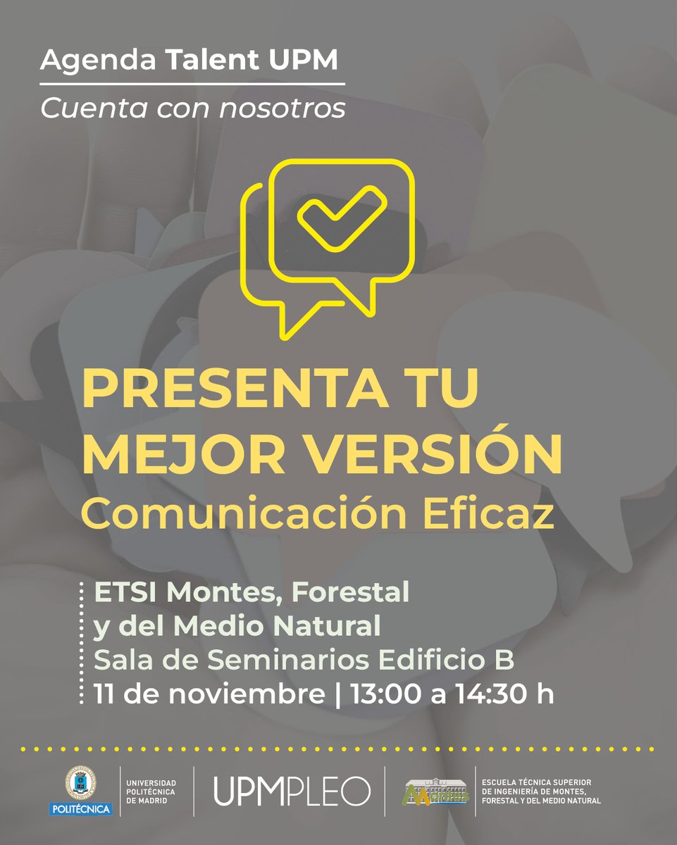El próximo día 11 de noviembre la actividad "COMUNICACIÓN EFICAZ".

Inscríbete lnkd.in/dkJ2GDww 

Marta Olea Cárdenas imparte esta interesante ponencia.

#talentupm
#somosupm
#upmpleo
#comunicacion