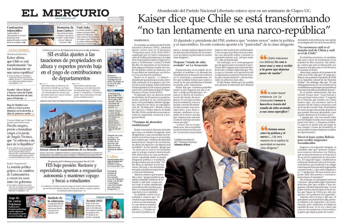 [EN PORTADA <a href="/__elmercurio/">El Mercurio</a>] En el marco de nuestro ciclo de seminarios "Presidenciales 2025: Propuestas para Chile 2026-2030 | Conversando con Johannes Kaiser" 🗳️🇨🇱 el abanderado expuso temas cruciales como #economía y #seguridad donde sostuvo que “existen nexos” entre la política