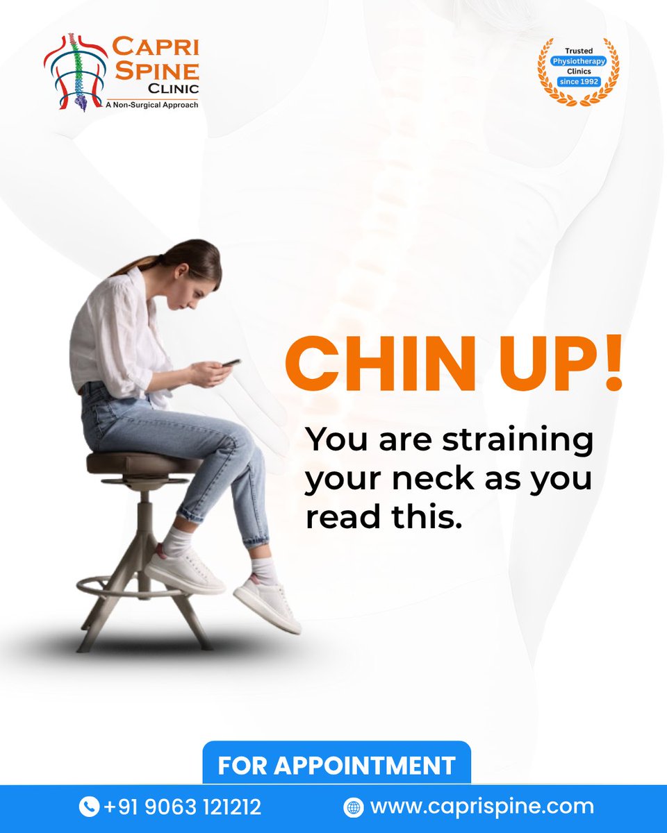 CapriSpine's tweet photo. Chin up — your posture matters!
Looking down at your screen too long strains your neck and spine.
Relieve pain &amp; improve posture with expert physiotherapy at Capri Spine Clinic 
📞 Call: +91 9063 121212
🌐 https://t.co/Z6p5qEbpbk

#CapriSpineClinic #NeckPain #PostureCorrection https://t.co/FusUGWYA78