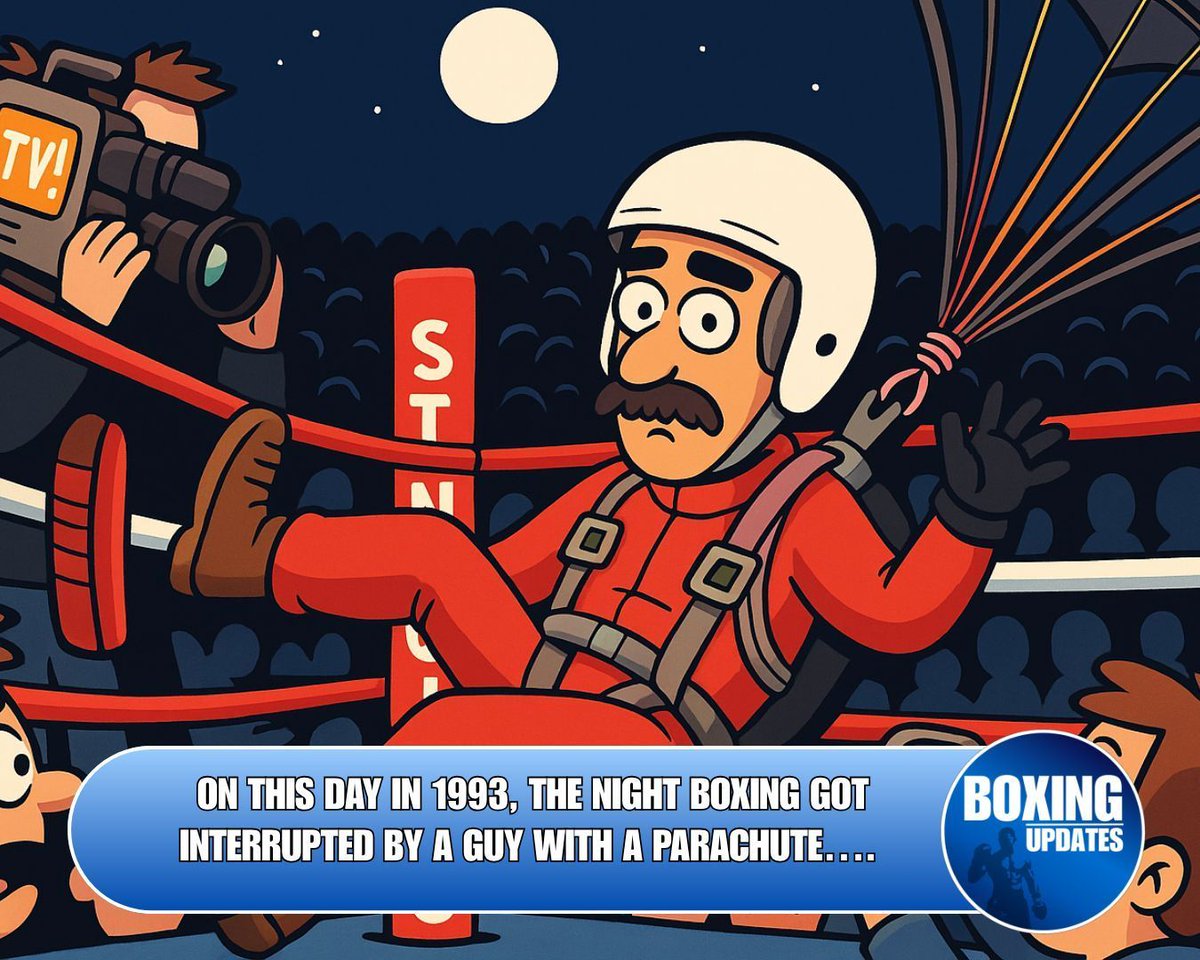 Boxing_Updates1's tweet image. On this day in 1993, Evander Holyfield got his revenge.
Beat Riddick Bowe on the cards. Won back the heavyweight titles.
But that’s not the headline........

Round 7. Out of nowhere. A man literally parachutes into the ring and lands on the ropes. #boxing