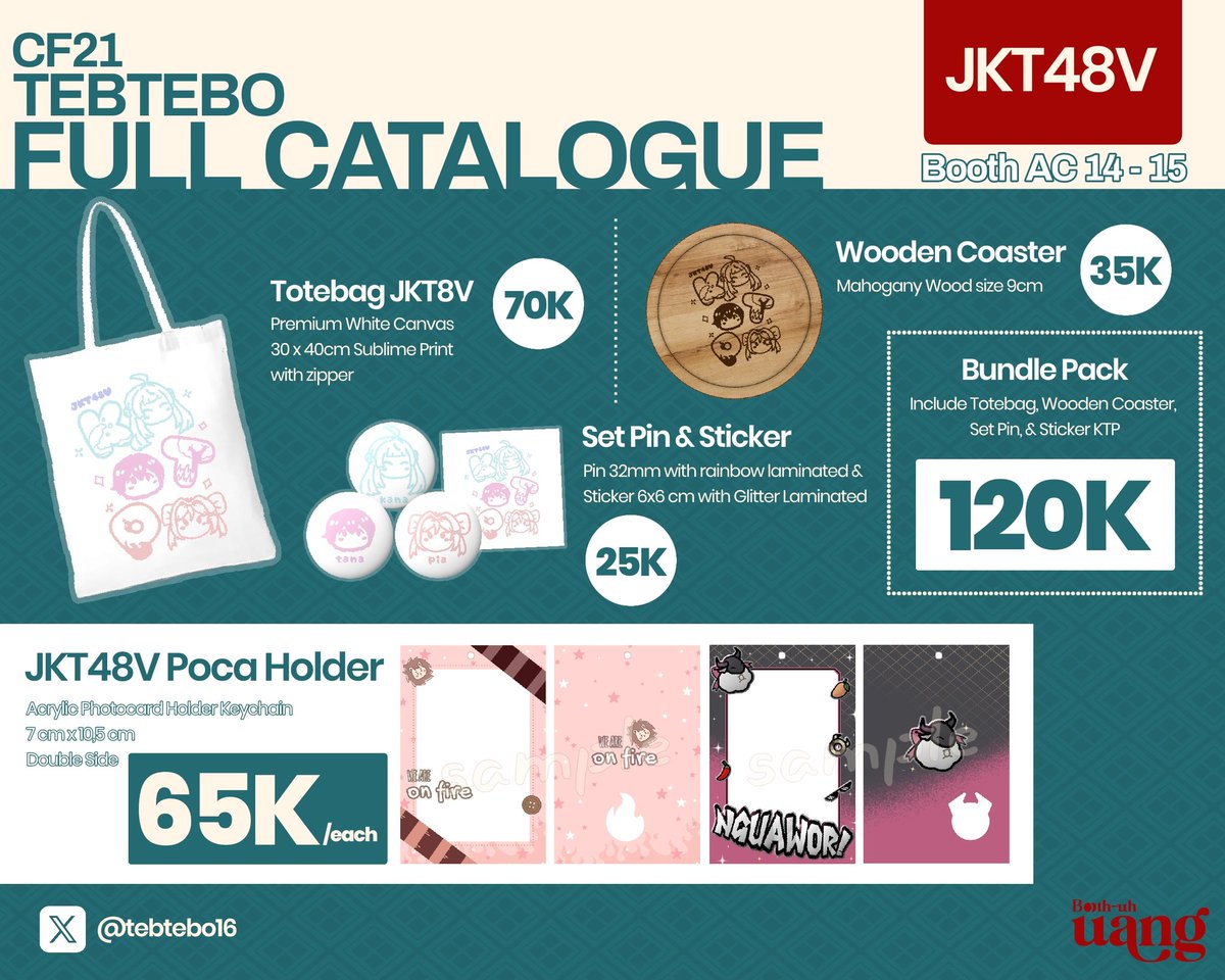 Tebtebo16's tweet image. [♥️🔄 are appreciated ✨]

OTS Full Catalogue for #CF21
📌 AC 14-15 @BoothuhUang x @wargavirtual48
🗓️ 15-16 Nov
Fandom : JKT48V, HOLOLIVE, Sol4ce.

#comifuro21 #cf21catalogue #CFXXICatalogue #CFXXI
(1/2)