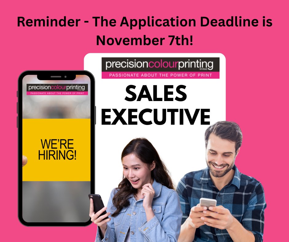 Reminder: Application Deadline is Nov 7, 2025!  

We're hiring a Sales Executive to drive success at PCP, a leader in printing solutions. Competitive pay, growth opportunities &amp; a chance to make an impact. 

Send your CV to Amy Rose at HR@pcpltd.net

#printing #SalesJobs