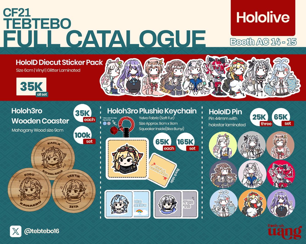 Tebtebo16's tweet image. [♥️🔄 are appreciated ✨]

OTS Full Catalogue for #CF21
📌 AC 14-15 @BoothuhUang x @wargavirtual48
🗓️ 15-16 Nov
Fandom : JKT48V, HOLOLIVE, Sol4ce.

#comifuro21 #cf21catalogue #CFXXICatalogue #CFXXI
(1/2)