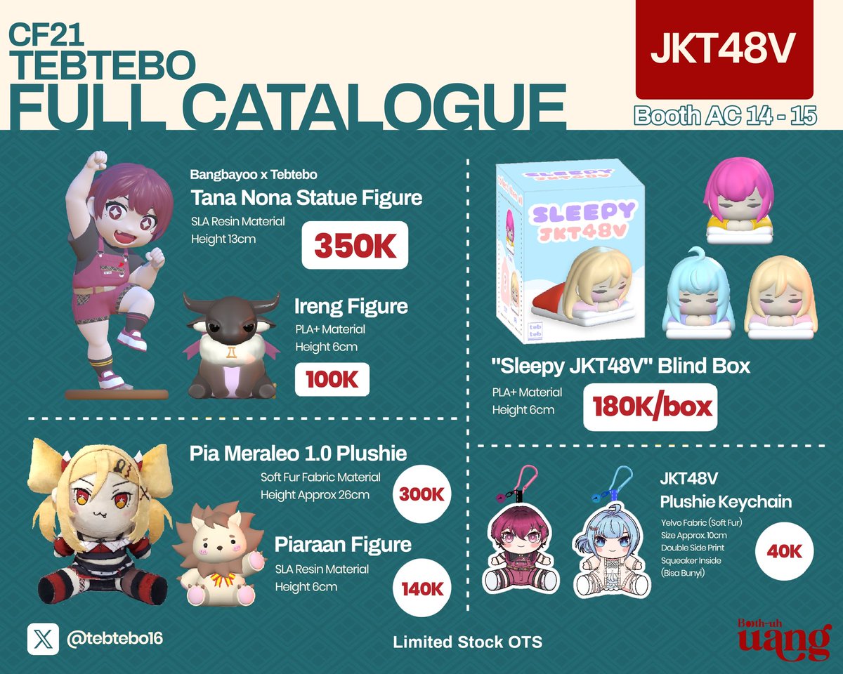 Tebtebo16's tweet image. [♥️🔄 are appreciated ✨]

OTS Full Catalogue for #CF21
📌 AC 14-15 @BoothuhUang x @wargavirtual48
🗓️ 15-16 Nov
Fandom : JKT48V, HOLOLIVE, Sol4ce.

#comifuro21 #cf21catalogue #CFXXICatalogue #CFXXI
(1/2)