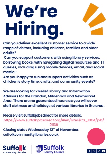 #Wearehiring #jobvacancy #vacancies 

Relief Library and Information Advisor for the Brandon, Mildenhall and Newmarket area: 
suffolkcommunitylibraries.co.uk/vacancies/