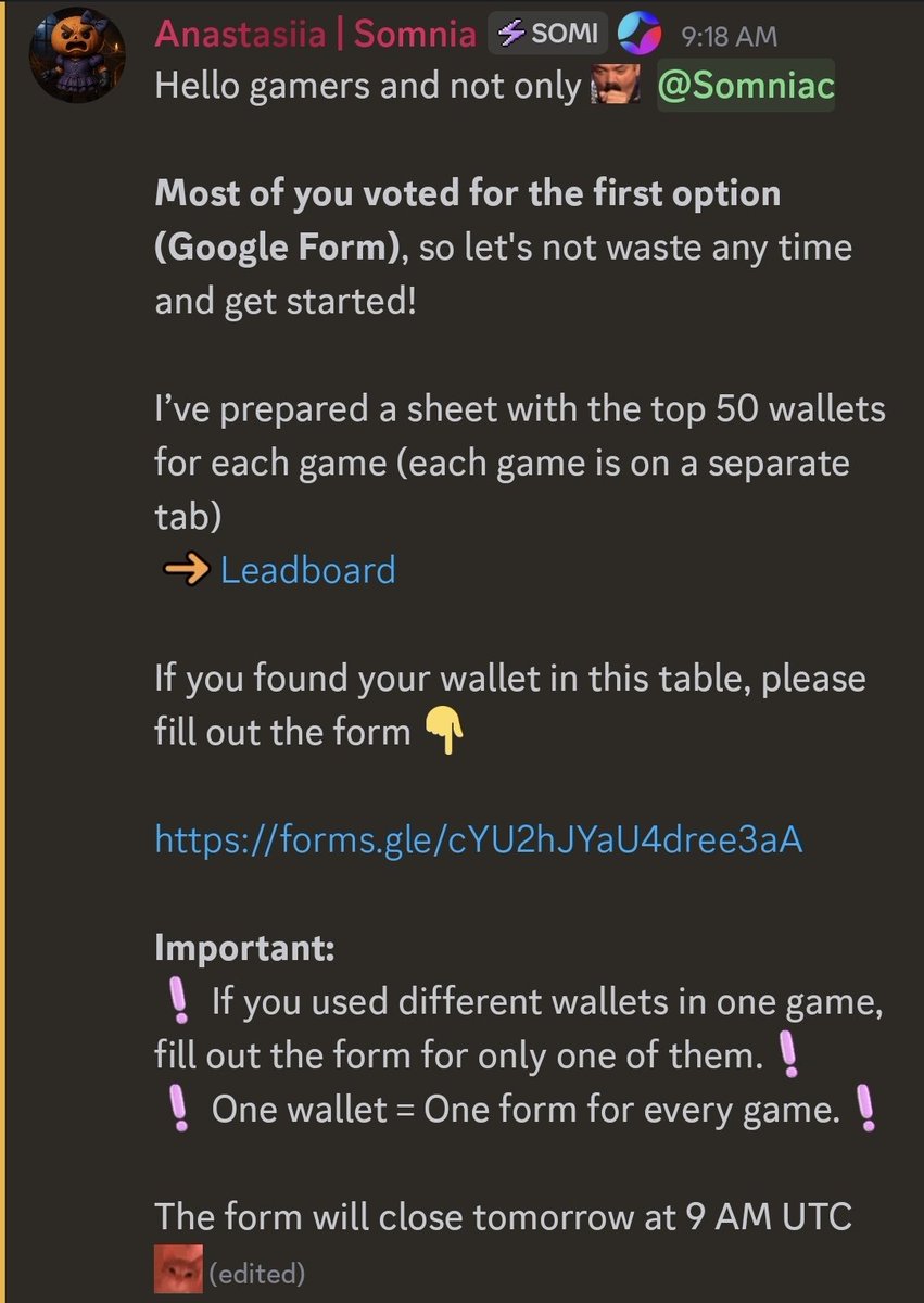 Elphie_L's tweet image. if you played any of the @Somnia_Network Halloween Mini-Games, listen up! 

➜ check if your wallet is in the top50 of each game

➜ if it is, fill out the form with your wallet, discord username, and twitter handle

➜ the form closes tomorrow at 9 AM UTC, don&apos;t forget 💜