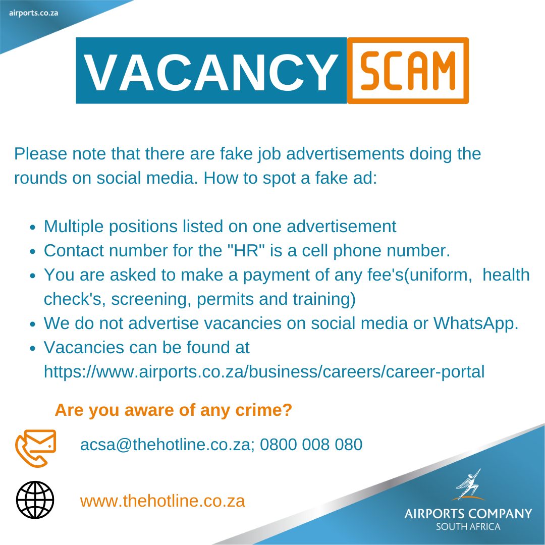 Airports_ZA's tweet image. Vacancy Scams: The public is urged to be aware of possible scams related to job vacancies. If the vacancy requires payment, then it is likely a scam. Click on this link to see our list of vacancies: bit.ly/3Sit8DF
#ACSAllence