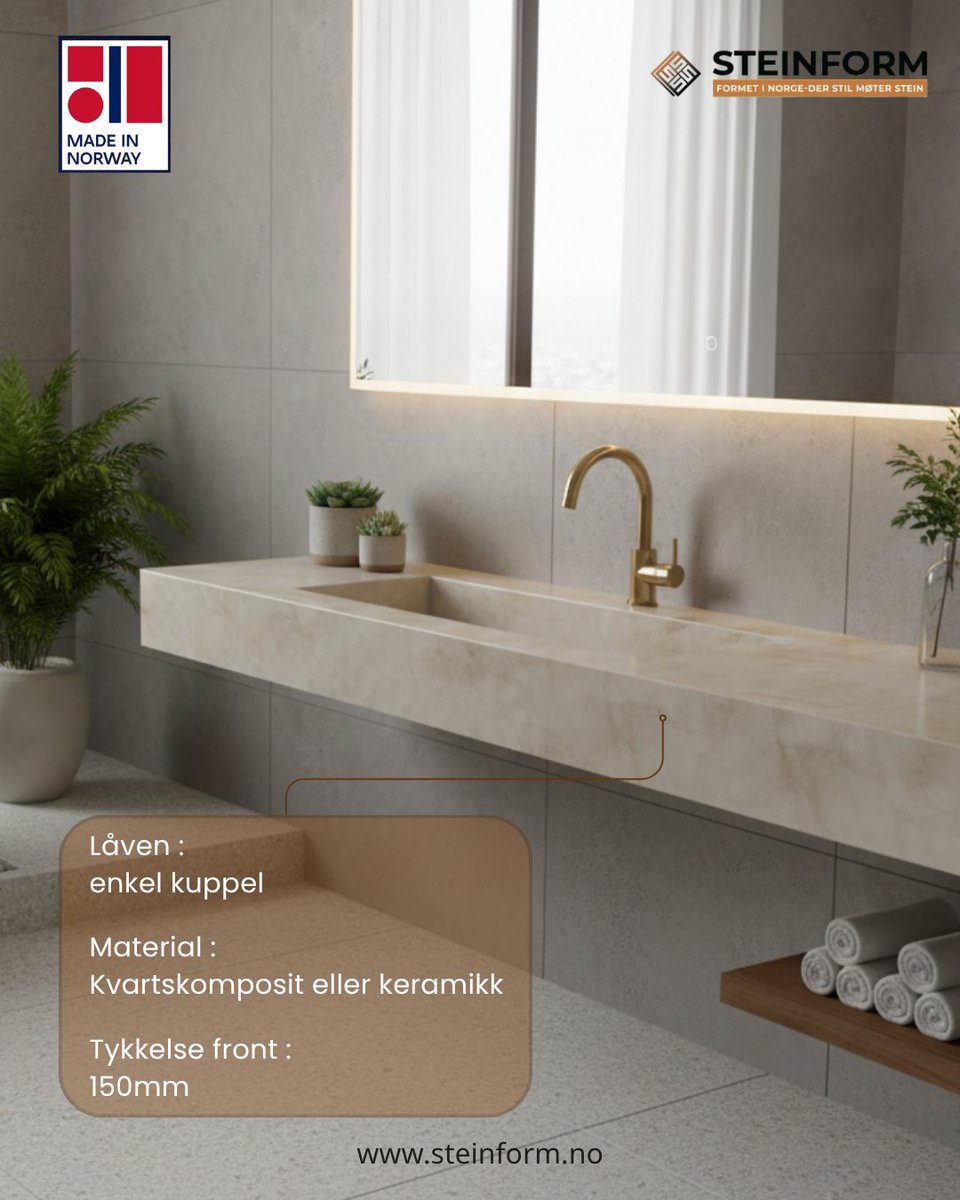 Steinformnorway's tweet image. Låven-modellen kombinerer raffinert minimalisme med en myk, buet silhuett i kvartskompositt eller keramikk. Den 150 mm solide fronten gir både balanse og styrke – et ideelt valg for moderne rom med fokus på kvalitet og tidløs eleganse.

besøk: steinform.no

#Steinform