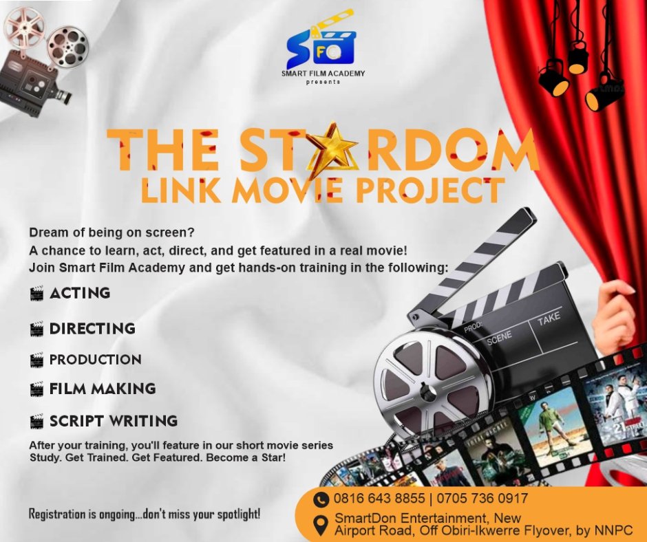 SmartDonEntLTD's tweet photo. 🎬 SMART FILM ACADEMY presents
🌟 THE STARDOM LINK MOVIE PROJECT! 

Dream of being on screen?
Here’s your chance!
Learn Filmmaking, Acting, Directing, Scriptwriting, and Production — and get featured in our Short Movie Series.
🎥 Study. Get trained. Get featured.
📞 08166438855 https://t.co/9RQ2InRglZ