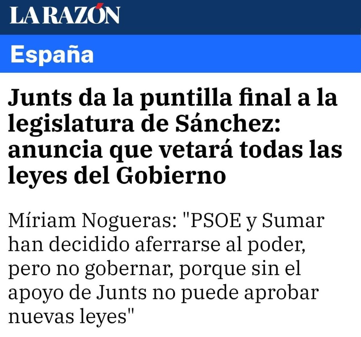 🚨 España está bloqueada.

Sánchez entregó el país a los independentistas y ahora Junts decide cuándo se legisla y cuándo no.

Un Gobierno agotado, sin leyes, sin rumbo y sin vergüenza.