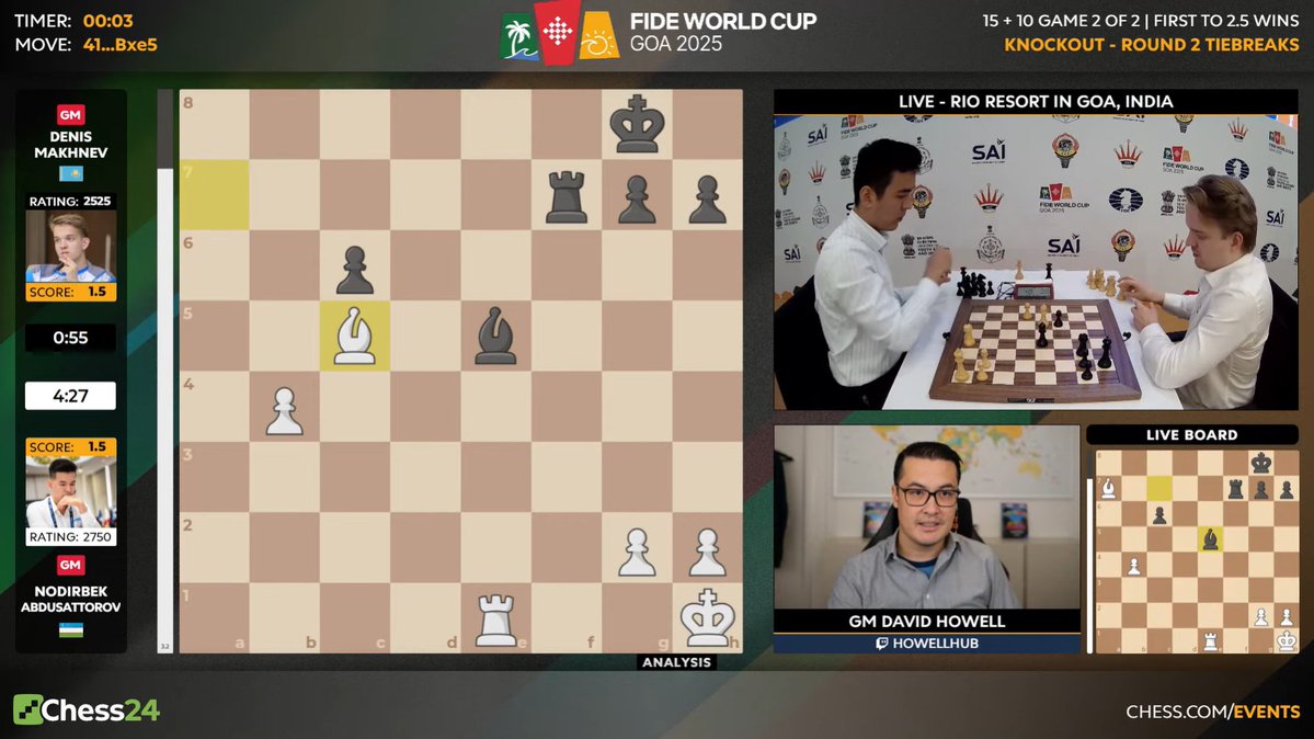 chess24com's tweet image. &quot;Bc5!! is the sting in the tail&quot; - @DavidHowellGM 

&quot;He doesn&apos;t miss such stuff&quot; - Magnus on Nodirbek Abdusattorov #FIDEWorldCup2025