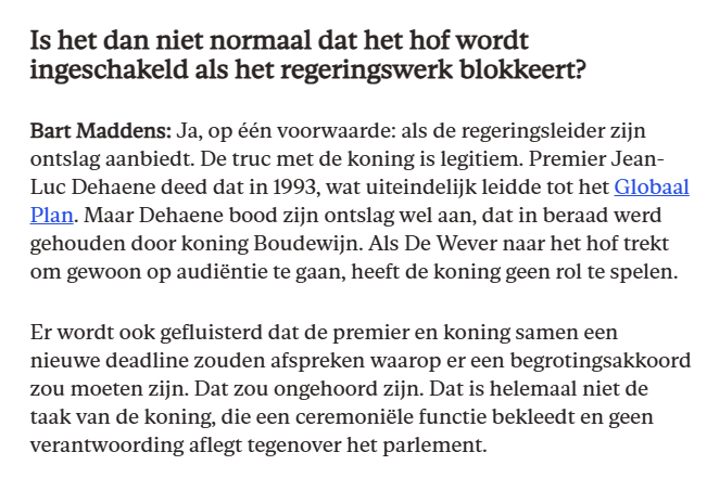 epironet's tweet image. ‘Zolang De Wever zijn ontslag niet aanbiedt, heeft de koning zich niet te bemoeien’ Pertinente Bart Maddens tegen collega @texvanb via @Knack knack.be/nieuws/belgie/… Wat gaat de premier bij de koning eigenlijk doen?