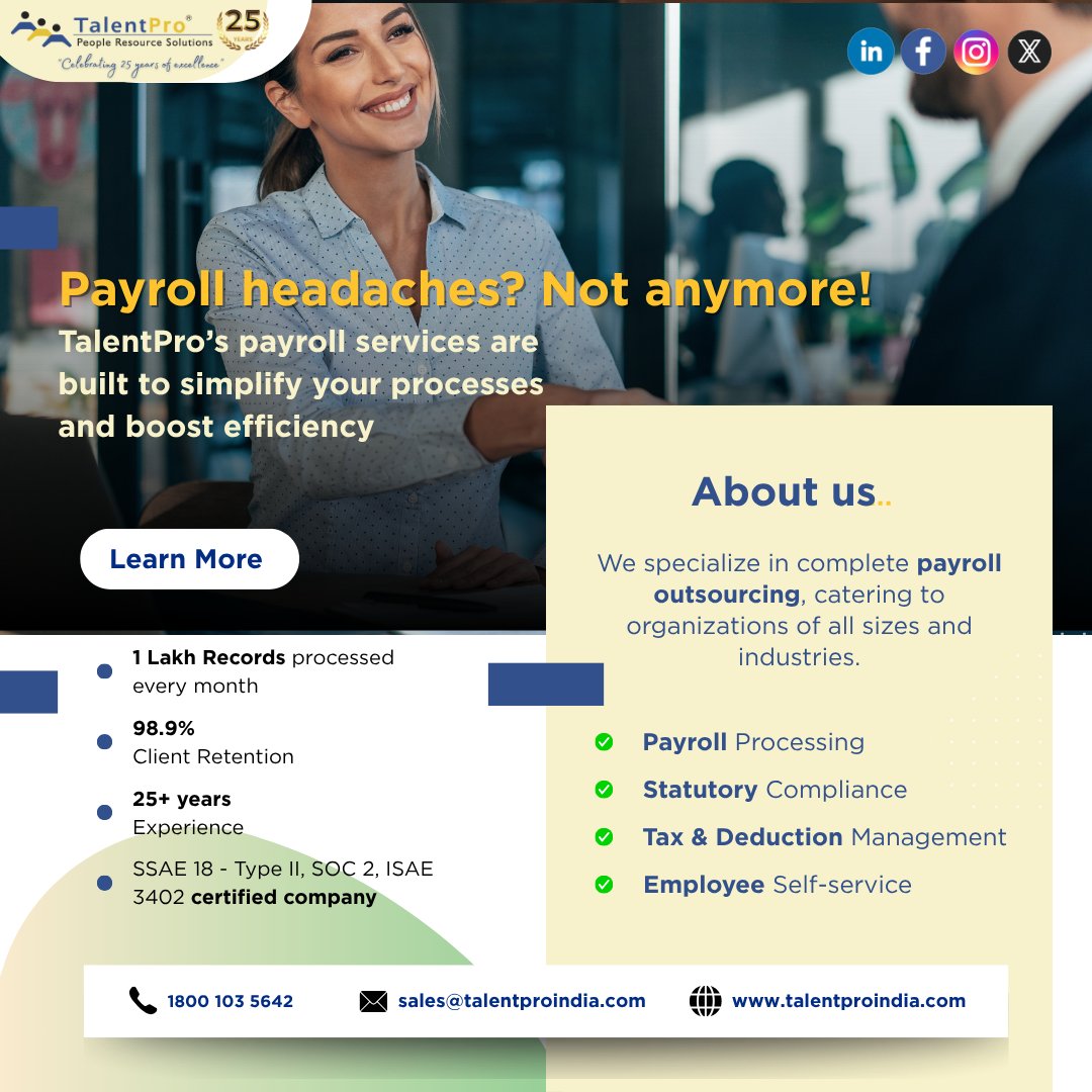 TalentProIndia's tweet photo. "Struggling with Payroll? Let TalentPro Take Over!"
Let us handle your payroll for greater efficiency. We bring to the table significant payroll expertise.
https://t.co/eCqrquKHFs
#PayrollServiceProvider #PayrollOutsourcing #PayrollManagement #PayrollServicesinIndia #TalentPro https://t.co/EcYvnANyFb