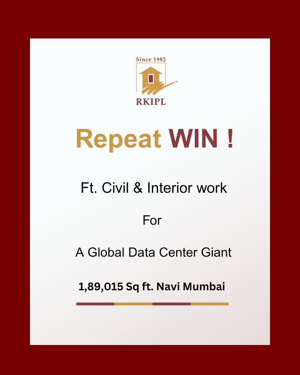 RKINTERIORS_PL's tweet photo. Another milestone, another repeat win !
Proud to partner once again with a global data center giant for Civil &amp; Interior work spanning 1,89,015 sq. ft. in Navi Mumbai.

#Rkinteriors #WIN https://t.co/qWaP74gNgl