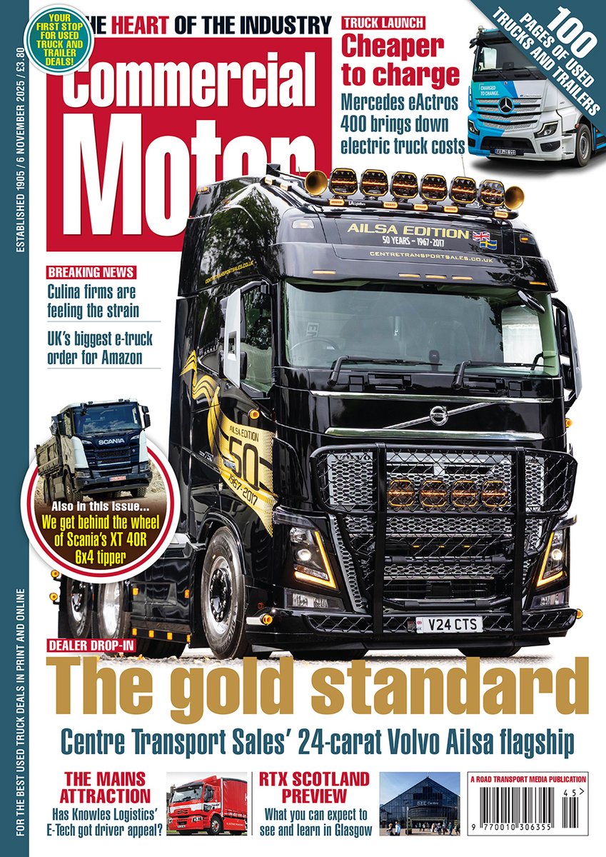 Comm_Motor's tweet image. ‼️OUT NOW: Commercial Motor 06 November 2025‼️

► The gold standard – Centre Transport Sales’ 24-carat Volvo Ailsa flagship

► The mains attraction – Has Knowles Logistics’ E-Tech got driver appeal?

► To subscribe 👉 bit.ly/3UW1Tzc 

#CommercialMotor #Subscribe