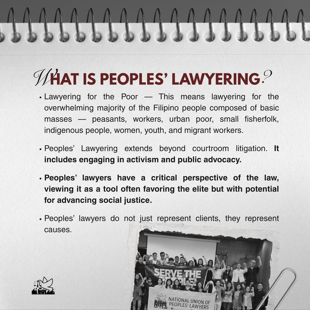 nupl_uplaw's tweet photo. What does it mean to be a peoples’ lawyer?

In Part 1 of our Peoples' Lawyering Briefer, we explore its overview, principles, and history — a tradition rooted in activism and service to the masses.

#PeoplesLawyering #ServeThePeople https://t.co/D8tglMm8NO