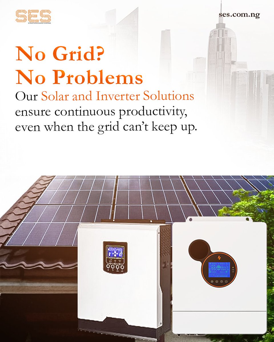 SES_Nigeria's tweet photo. No Grid? No Problem. βοΈ
Stay powered, stay productive.
Our solar and inverter solutions ensure uninterrupted performance, even when the grid canβt keep up. Reliable energy for reliable results. β‘
#solarenergy #renewablepower #invertersolutions #energyinnovation https://t.co/LHwjJ79Pts