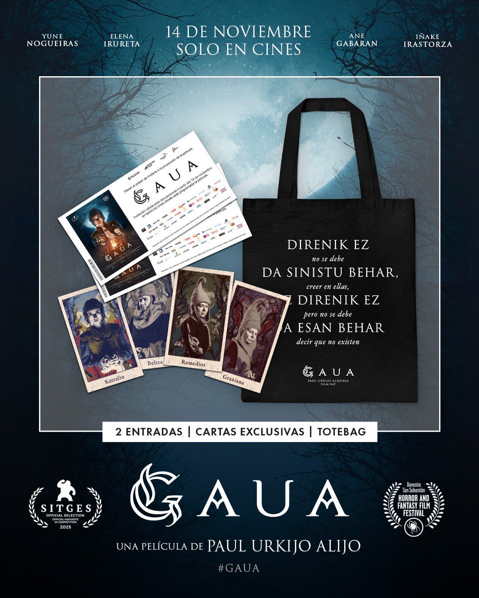 #SORTEO de GAUA, la nueva película de Paul Urkijo que se estrena el 14 de noviembre en cines. Llévate uno de nuestros tres packs con entradas dobles + 4 cartas de las 4 protagonistas + totebag.

Para participar: 
- Sigue a <a href="/horrorlosers/">Horror Losers</a> y <a href="/filmax/">Filmax</a> 
- Haz RT + like
- Responde o