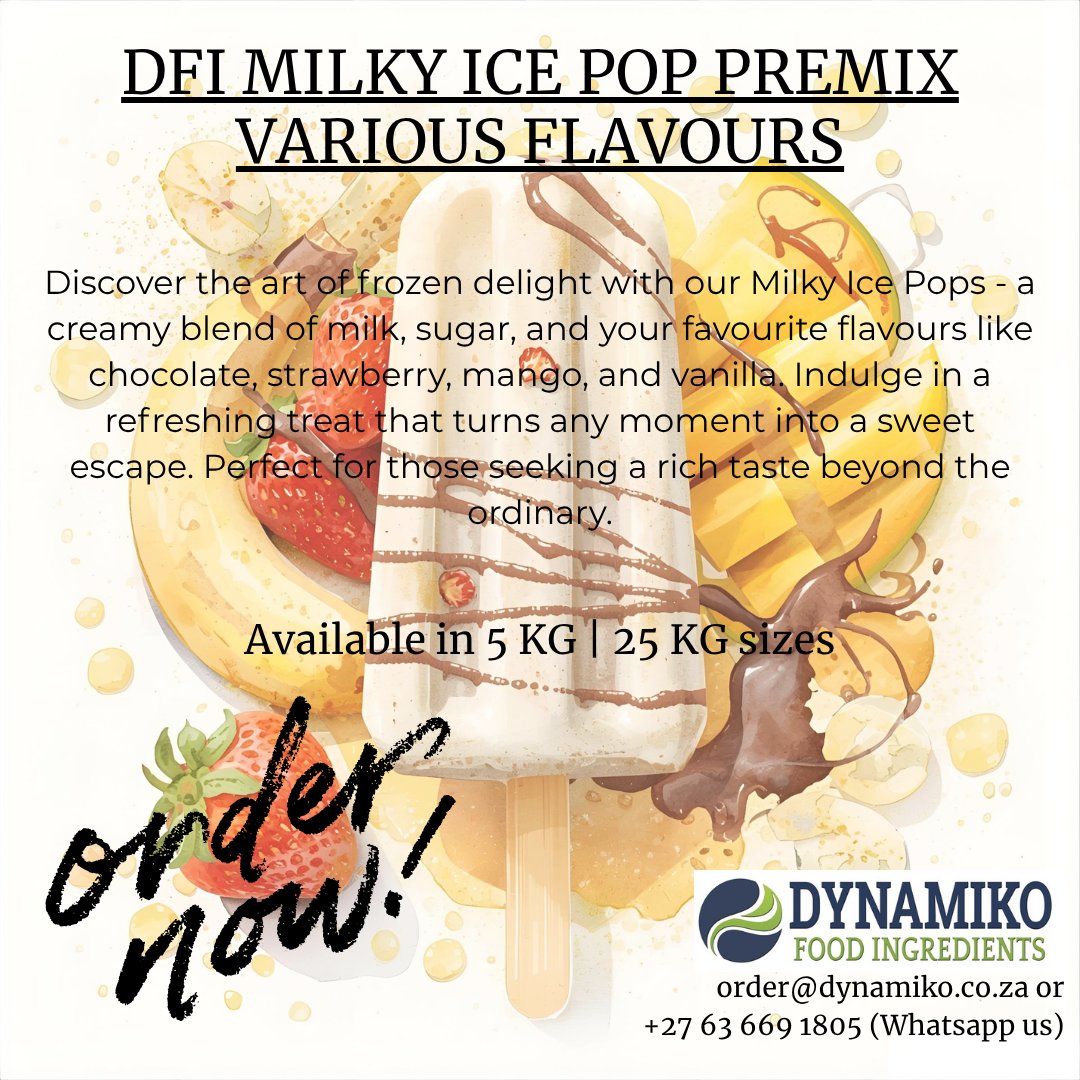 DynamikoFoodIng's tweet image. MILKY  ICE POP POWDERED PREMIX - A quick and easy treat for the warm summer days! 

Pricing / Order: order@dynamikko.co.za

#MilkyIcePop #FrozenDessert #MilkyDelight