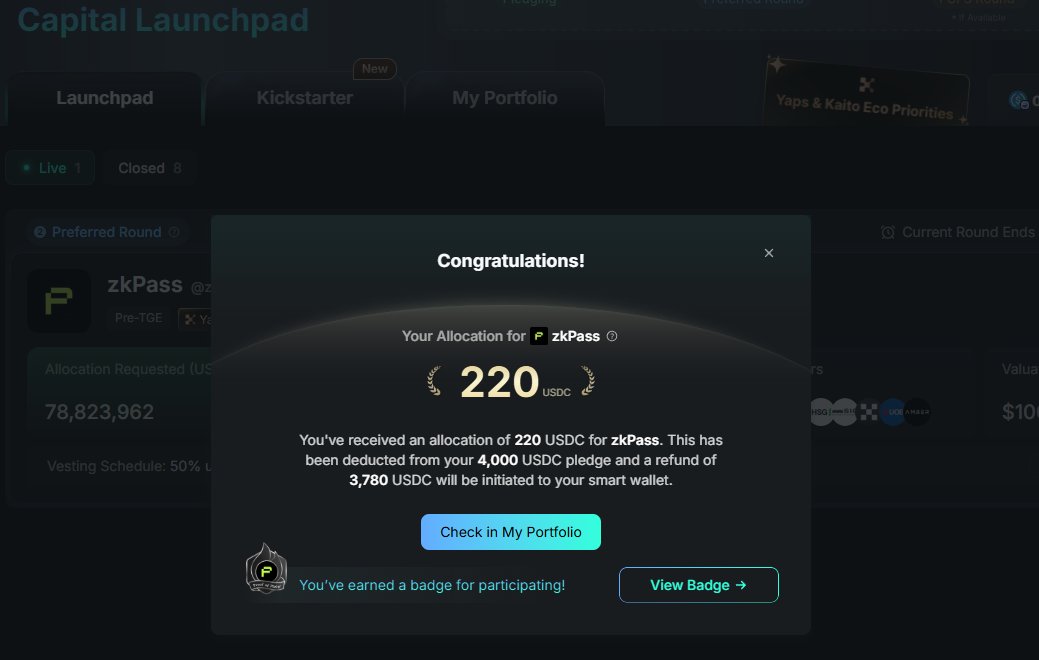 Allocation <a href="/zkPass/">zkPass</a> $ZKP reveal on <a href="/KaitoAI/">Kaito AI 🌊</a> Capital Launchpad.

I received a $220 USDC allocation from the $4,000 USDC pledged (Hold 8,400 sKAITO - Priority sale) 

40× Oversubscription

Is this a good allocation for a launchpad?