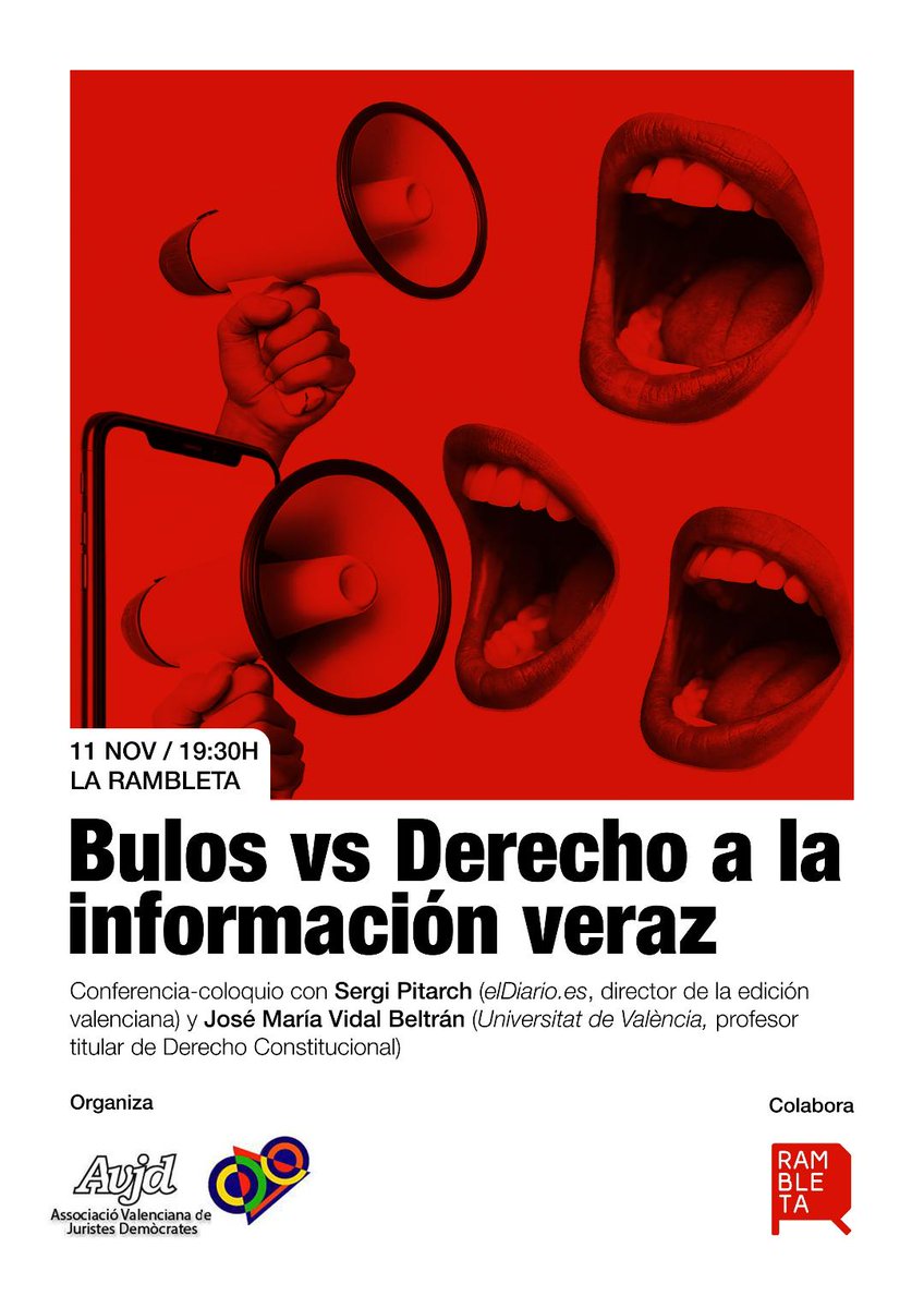 AVJD_'s tweet photo. Iniciamos el curso con un tema de máxima actualidad.

Nos acompañan @sergipitarch (@eldiarioes) y José María Vidal, profesor de Derecho Constitucional.

Os esperamos el próximo 11 de noviembre en la Rambleta a las 19.30 hrs.

Entrada libre hasta completar aforo. https://t.co/2Bv7wVZRrZ
