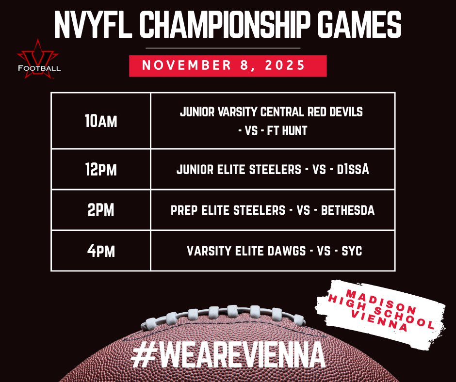 VYIfootball's tweet photo. NVYFL Championship Games Saturday. Seven Vienna teams vying for a title including four of five elite teams. Wear your black and come ready to MAKE SOME NOISE!!!  #wearevienna!!! @NVYFL_ @novafootballpod https://t.co/7GEIVgm7vO